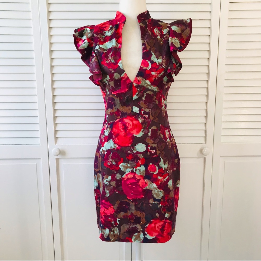 BLACK HALO Red Floral Ruffle Sleeveless Deep V-Neck Dress Size 4